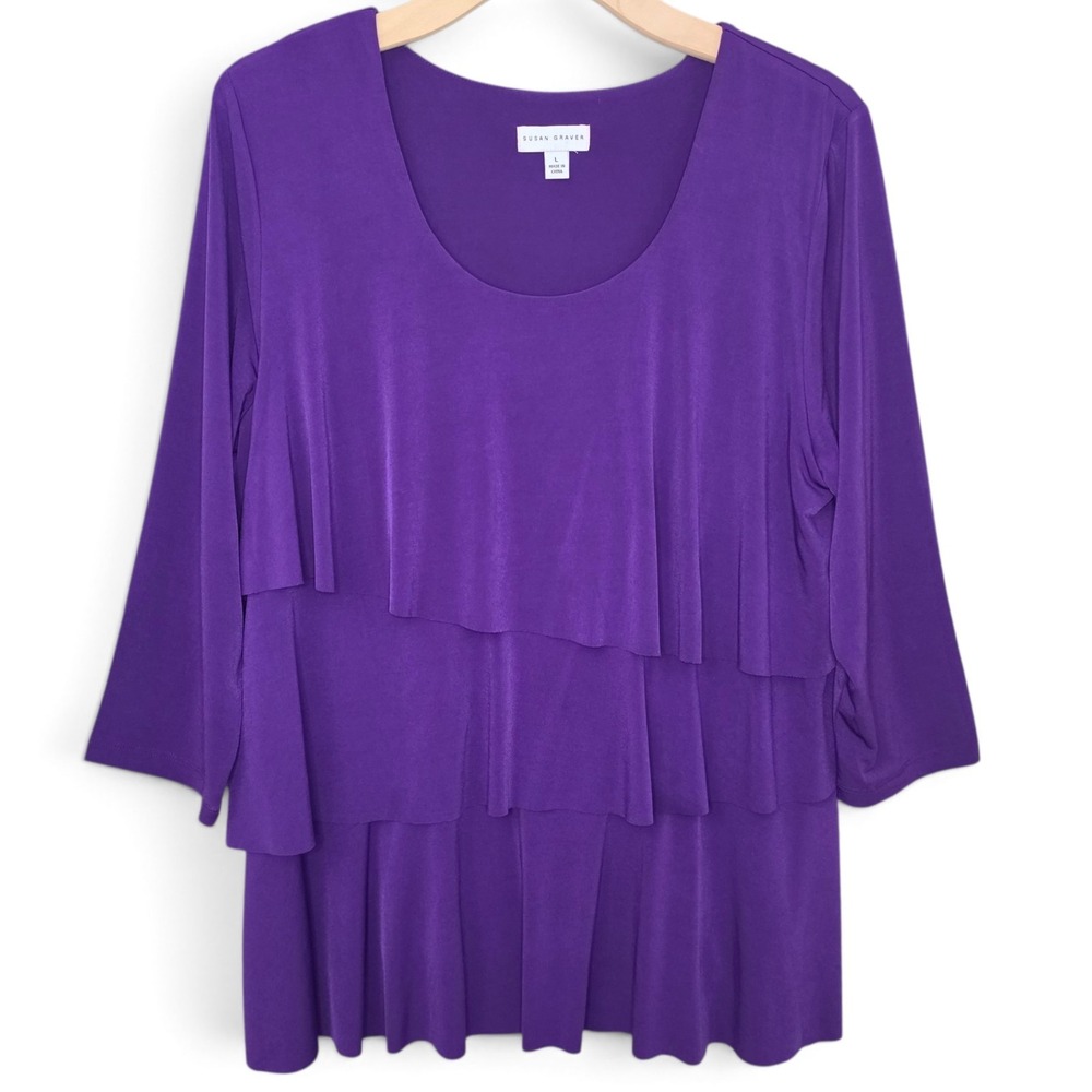 Susan Graver Top Womens Large Liquid Knit Purple Tiered Ruffle Scoop Neck Blouse